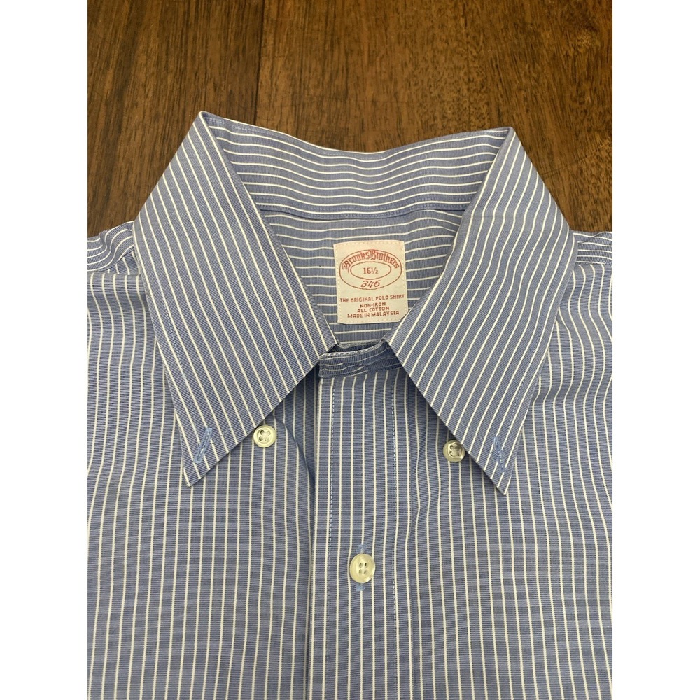 Brooks Brothers Madison Dress Shirt Blue Striped Short Sleeve Mens 16 1/2 - Picture 3 of 5